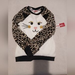 Penelope Mack White Pullover with Leopard-Print Sleeves & Cat Face